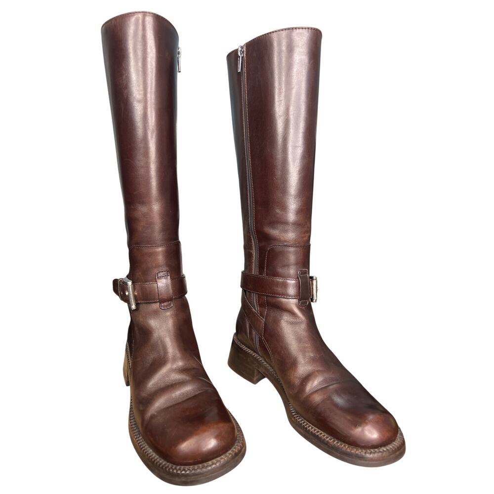 Prada Women’s Brown Leather Block Heel Riding Boot Size 38.5 US 8.5 - Picture 5 of 11